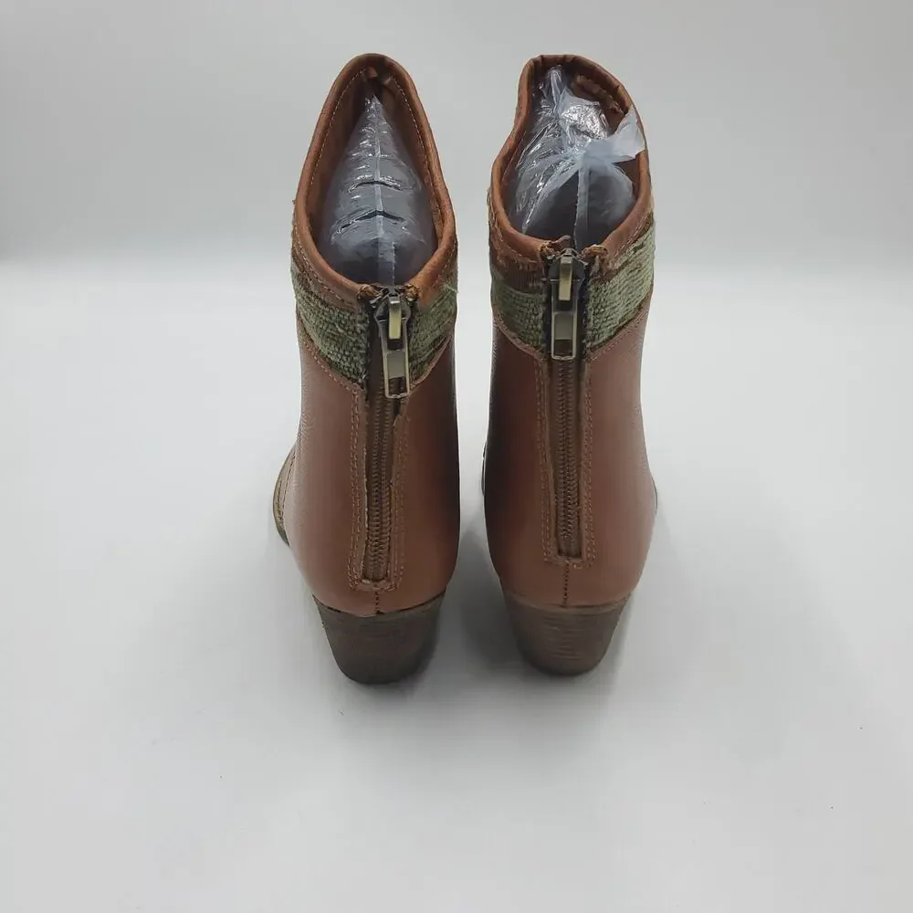 Sbicca Cognac Booties with Aztec Print Fabric Western Booties Size 6
